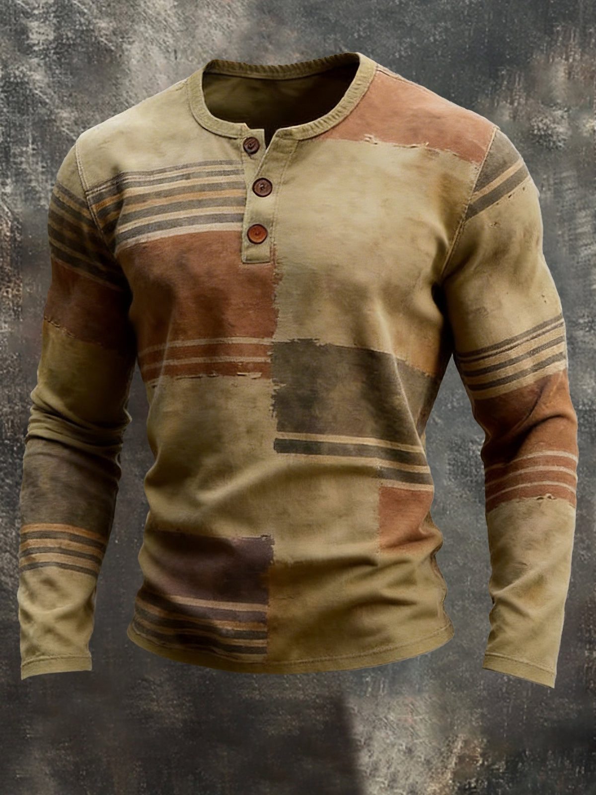 Men's Retro Stitching Contrast Color Henley Collar Long Sleeve T-Shirt