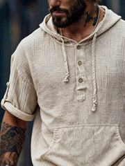 Men's Retro Striped Cotton Linen Hooded Button-Up Short-Sleeve T-Shirt