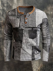 Men's Retro Stitching Contrast Color Henley Collar Long Sleeve T-Shirt