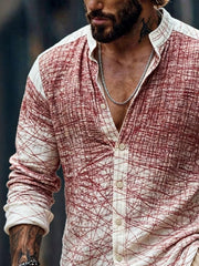 Men's Retro Cotton Linen Color Block Striped Stand Collar Long Sleeve Shirt