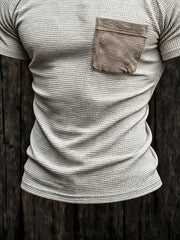 Men's Retro Distressed Color Block Waffle Knit Crew Neck Short Sleeve Top