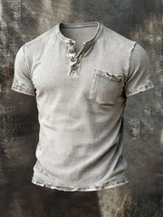 Men's Retro Distressed Waffle Casual Henley Collar Short-Sleeve Top