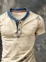 Men'S Retro Pure Cotton Washed Distressed Color-Blocked Henley Collar Short-Sleeve Top