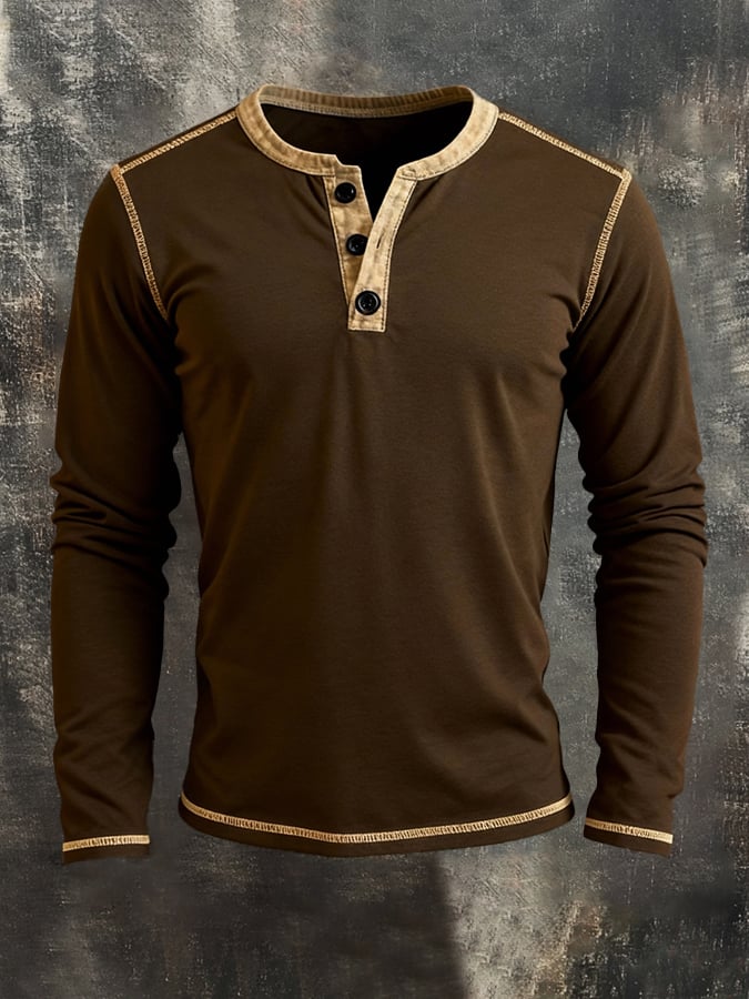 Men's Retro Stitching Contrast Color Henley Collar Long Sleeve T-Shirt