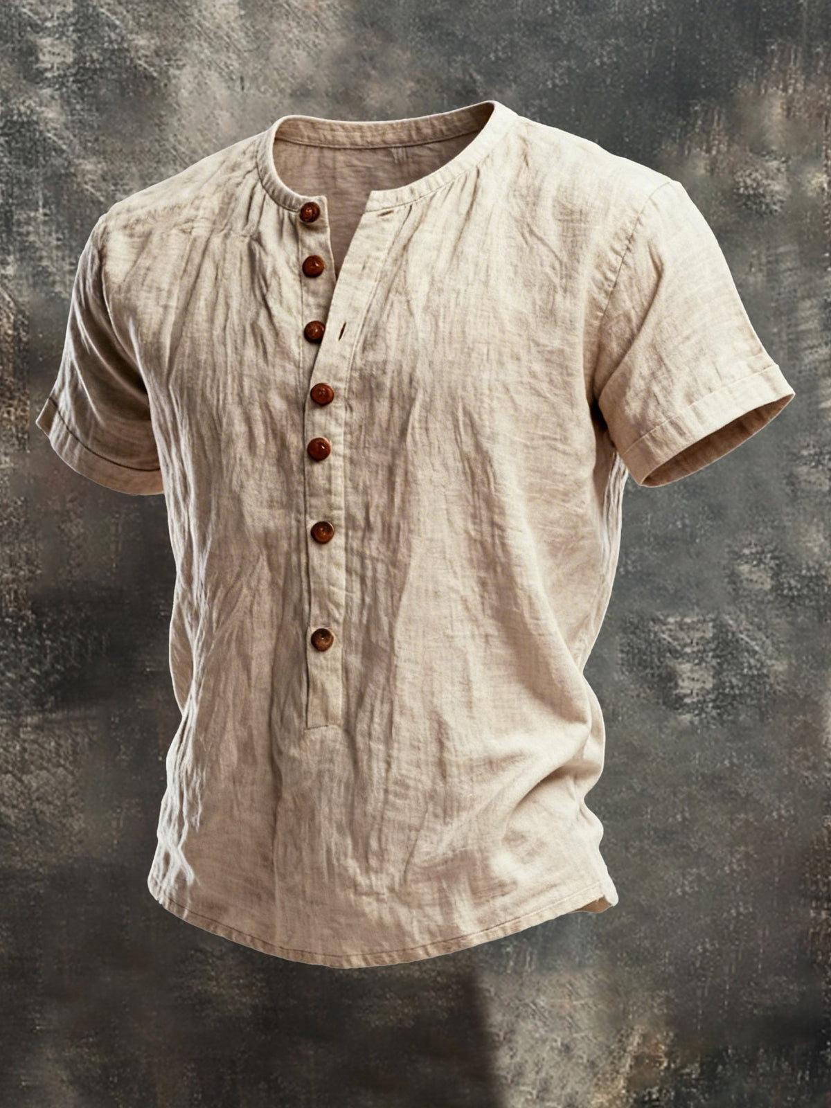 Men's Vintage Cotton and Linen Henley Collar Short-Sleeved T-Shirt