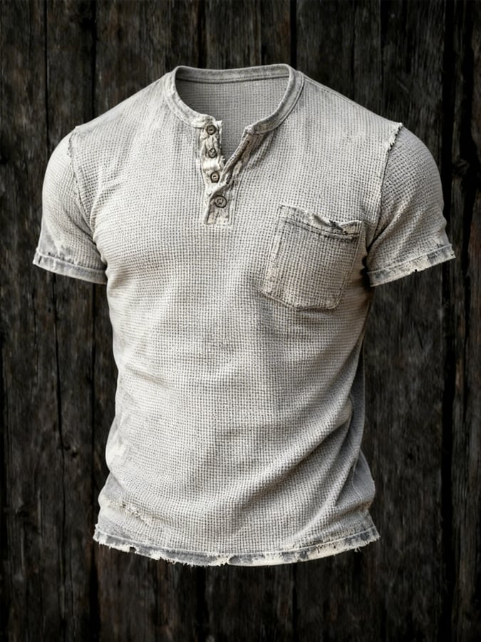 Men's Retro Distressed Waffle Casual Henley Collar Short-Sleeve Top