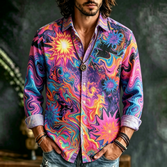 Men's Long Sleeve Button-down Shirt - Colorful Psychedelic Fluid Swirl, Sun And Radiant Starburst Print Top