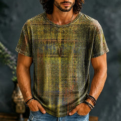 Men's Hippie Vintage Distressed Plaid Texture Print Short Sleeve T-shirt