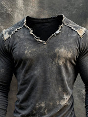 Men's Retro Washed Distressed Casual V-Neck Long-Sleeve Top