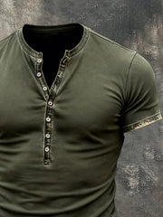 Men'S Vintage Distressed Henley Collar Short-Sleeved Top