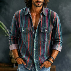 Men's Retro Colorful Stripe Print Pocket Shirt