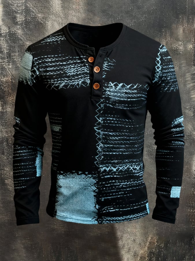 Men's Retro Stitching Contrast Color Henley Collar Long Sleeve T-Shirt
