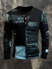 Men's Retro Stitching Contrast Color Henley Collar Long Sleeve T-Shirt