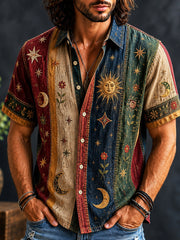 Men's Vintage Patchwork Flowers Sun Moon Striped Art Print Shirt