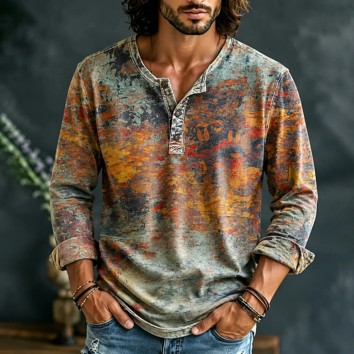 Men's Retro Ethnic Color Block Henley Neck T-shirt