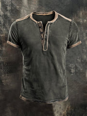 Men'S Retro Colorblock Casual Henley Short Sleeve Top
