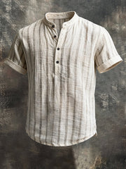 Men's Vintage Cotton and Linen Henley Collar Short-Sleeved T-Shirt