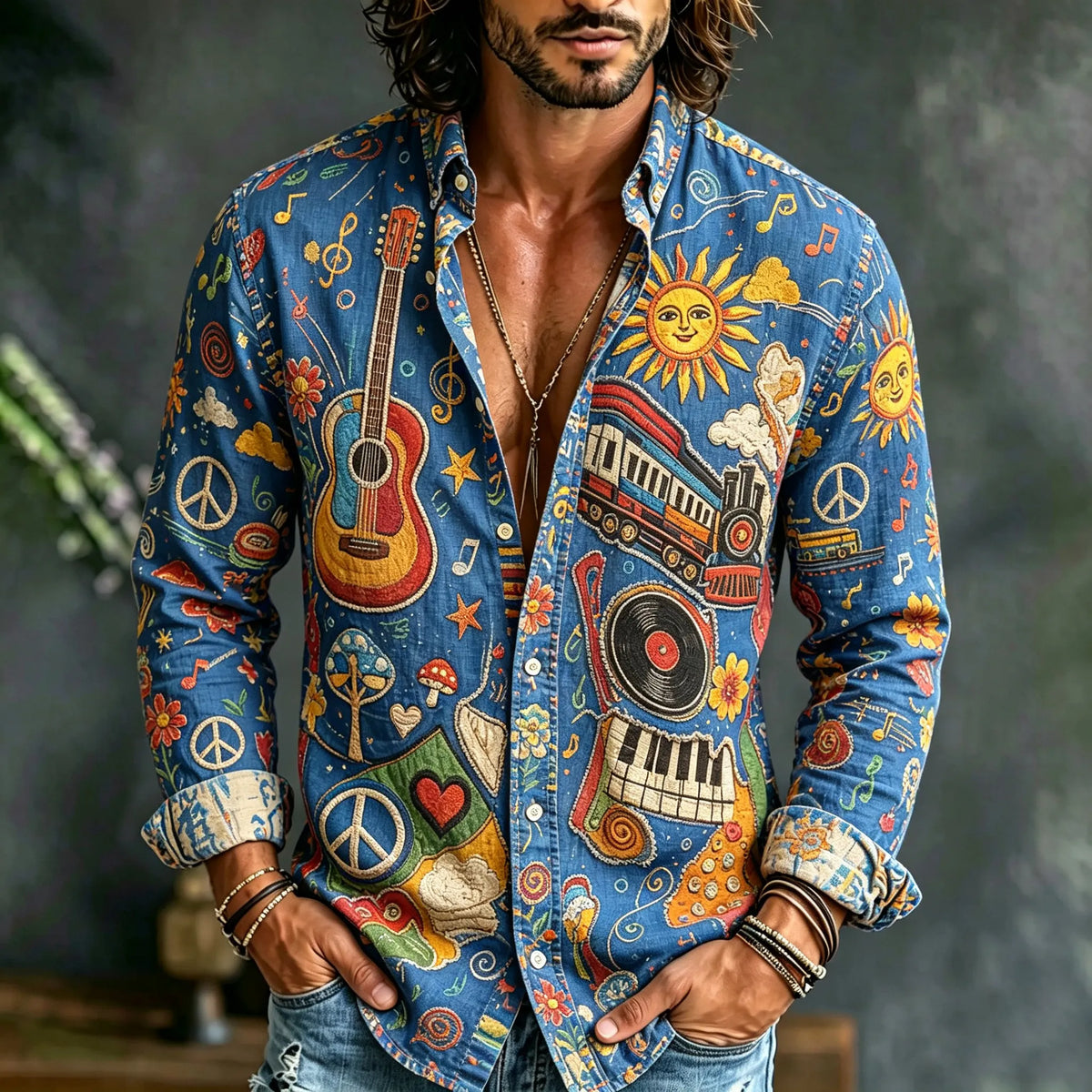 Men's Fun Hippie Guitar Record Train Mushroom Musical Note Print Long-sleeve Shirt