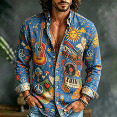 Men's Fun Hippie Guitar Record Train Mushroom Musical Note Print Long-sleeve Shirt