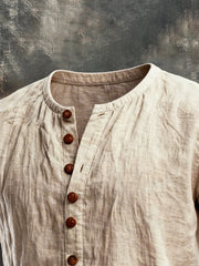Men's Vintage Cotton and Linen Henley Collar Short-Sleeved T-Shirt