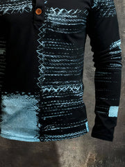 Men's Retro Stitching Contrast Color Henley Collar Long Sleeve T-Shirt