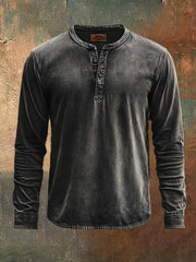 Men's Vintage Print Distressed Long Sleeve Henley