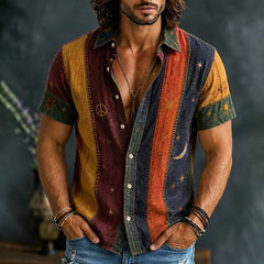 Men's Vintage Patchwork Peace Sign Sun Moon Star Art Print Shirt