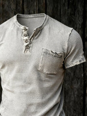Men's Retro Distressed Waffle Casual Henley Collar Short-Sleeve Top
