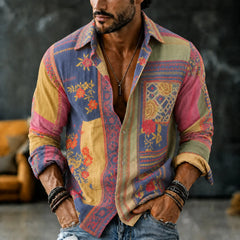 Men's Vintage Floral Patchwork Embroidered Art Print Flowy Linen Blend Casual Long Sleeve Shirt