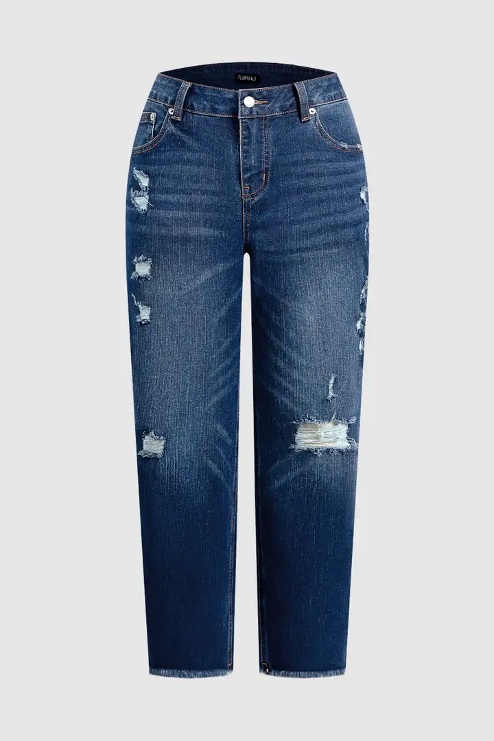 Wash Ripped Raw Hem Straight Leg Mid Rise Crop Jeans
