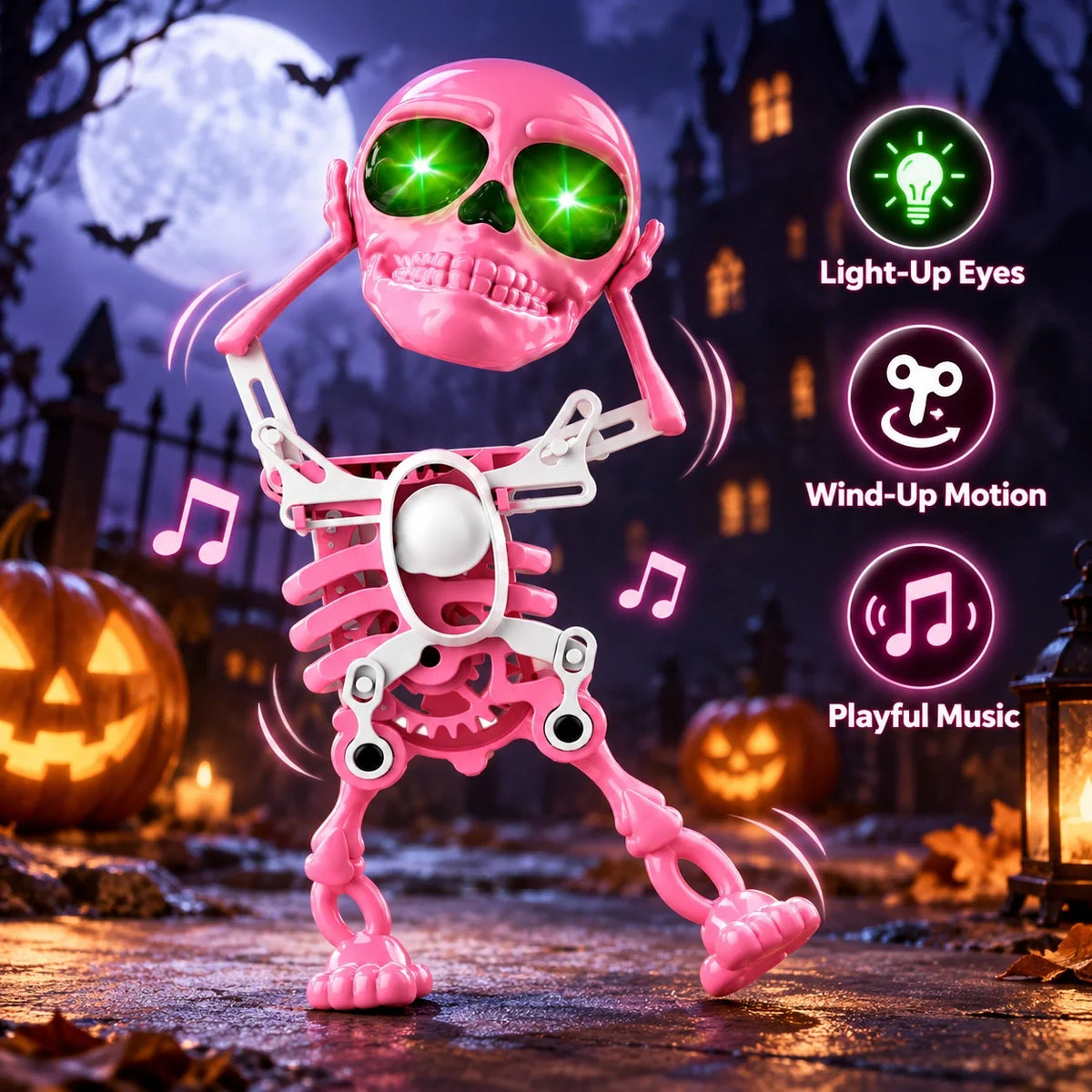 Dancing Skull Wind-Up Toy – Light-Up Halloween Skeleton