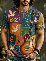 Men's Hippie Music Guitar Pattern Patchwork Print T-shirt