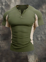 Men's Retro Contrast Henley Collar Short Sleeve T-Shirt