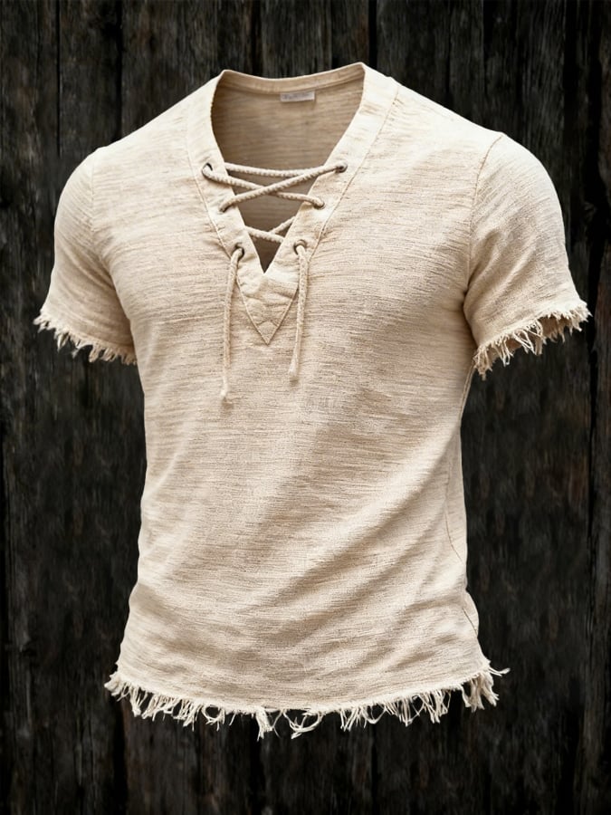 Men'S Cotton And Linen Ethnic Style Short-Sleeved T-Shirt With Frayed Edges