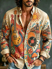 Men's Fun Hippie Guitar Record Train Mushroom Print Long-sleeve Shirt