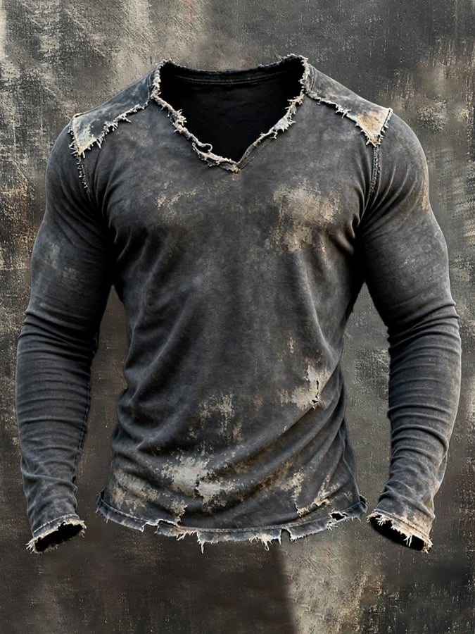 Men's Retro Washed Distressed Casual V-Neck Long-Sleeve Top
