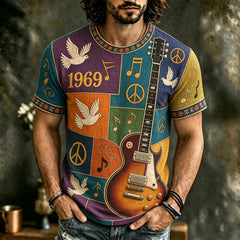 Men's Hippie Music Guitar Pattern Patchwork Print T-shirt