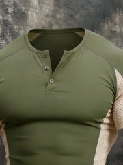 Men's Retro Contrast Henley Collar Short Sleeve T-Shirt