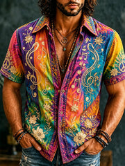 Men's Retro Hippie Floral  With Note Embroidery Art Short Sleeve Shirt