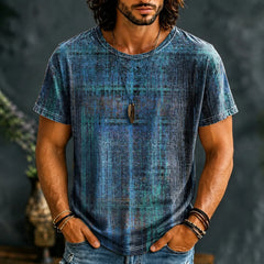 Men's Hippie Vintage Distressed Plaid Texture Print Short Sleeve T-shirt