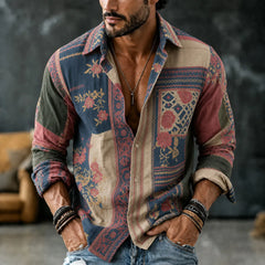 Men's Vintage Floral Patchwork Embroidered Art Print Flowy Linen Blend Casual Long Sleeve Shirt