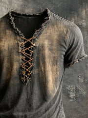 Men'S Cotton And Linen Distressed Frayed Short-Sleeved T-Shirt