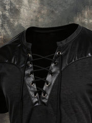 Men's Vintage Leather Patchwork Lace-Up Short-Sleeved T-Shirt