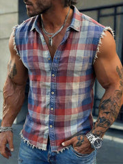 Men's Vintage Cotton-Linen Frayed Plaid Sleeveless Shirt