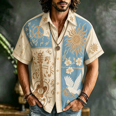 Men's Guitar Peace Sign Sun Dove Floral Hippie Boho Vacation Printed Linen Short Sleeve Shirt