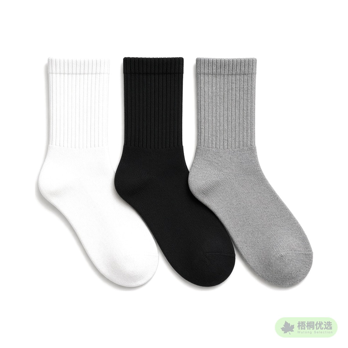 Three pairs of white, black and grey cotton crew socks