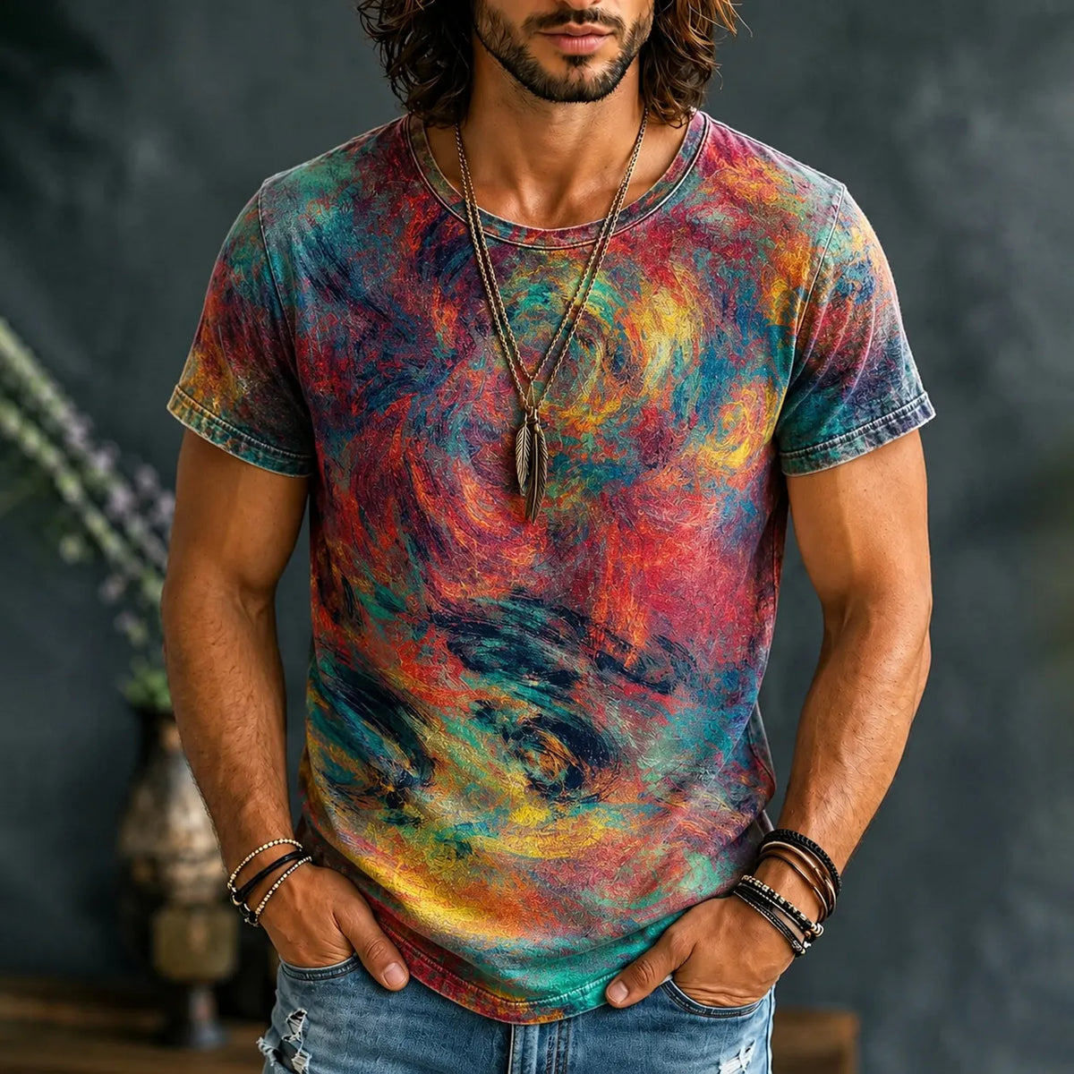 Vintage Tie Dye Hippie Art Print Casual T-shirt