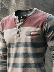 Men's Retro Color Block Henley Collar Long-Sleeve T-Shirt