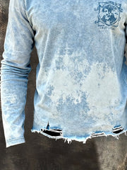 Men's Retro Washed Distressed Ripped Crew Neck Long Sleeve T-Shirt