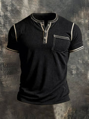 Men'S Retro Color Block Waffle Henley Collar Short-Sleeve Top
